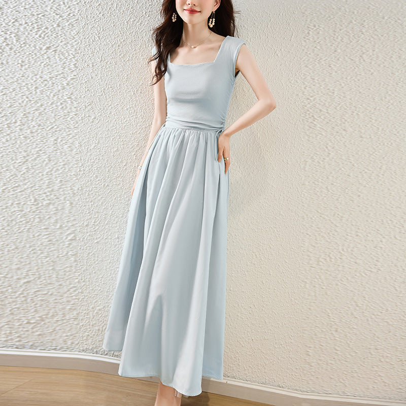 Summer Korean Style New Mori Sweet South Korea Dongdaemun Lady Square Collar Slimming Drawstring Design Vest Dress