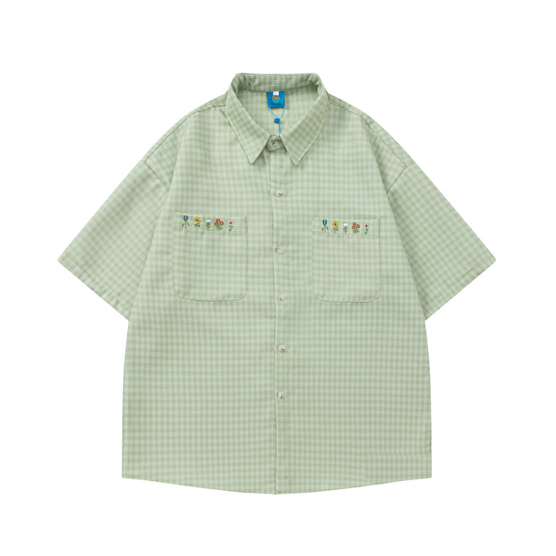 Plaid Embroidered Short-sleeved Loose All-match Couple Shirt