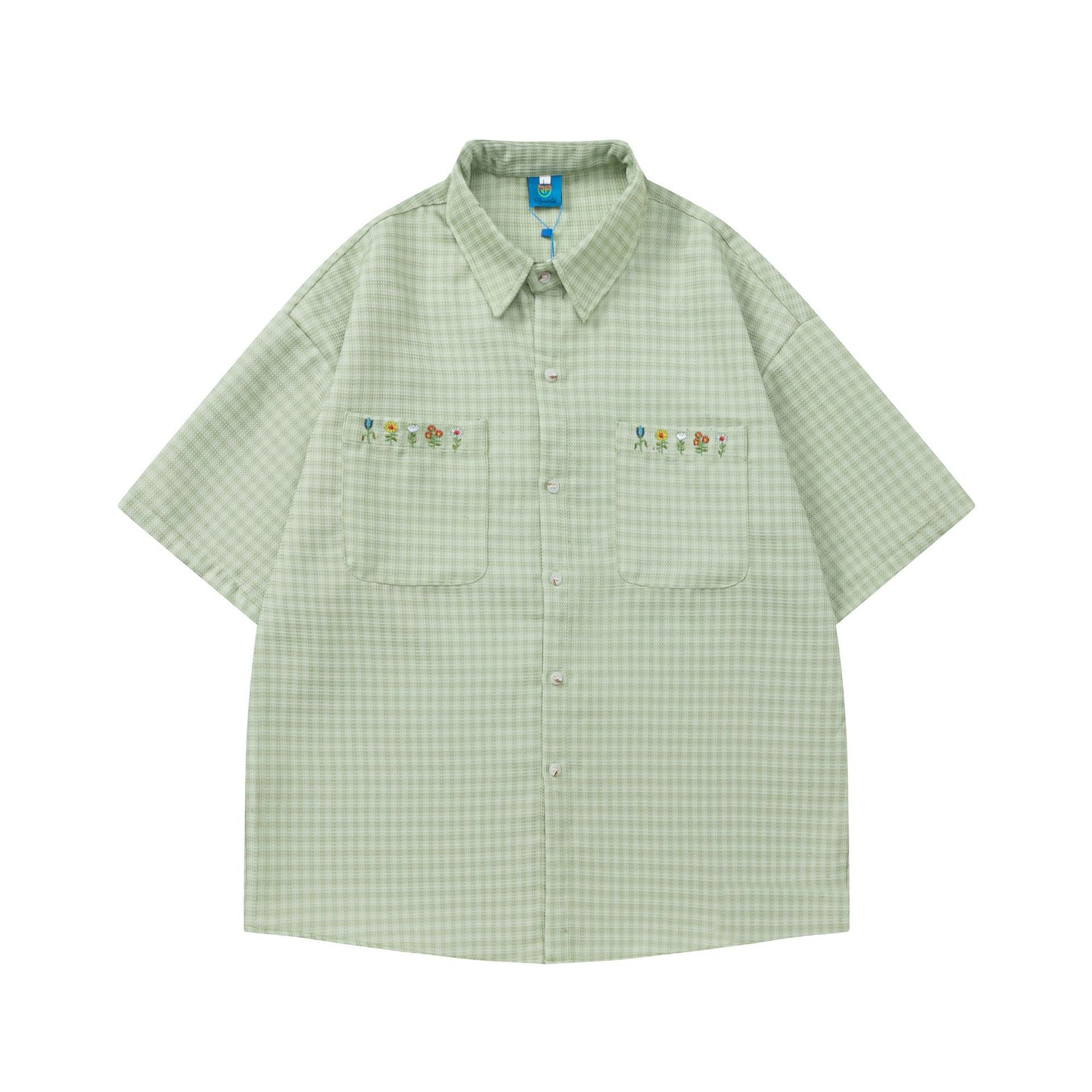 Plaid Embroidered Short-sleeved Loose All-match Couple Shirt