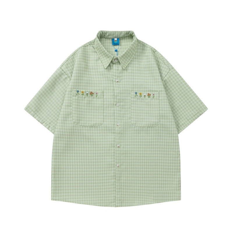 Plaid Embroidered Short-sleeved Loose All-match Couple Shirt