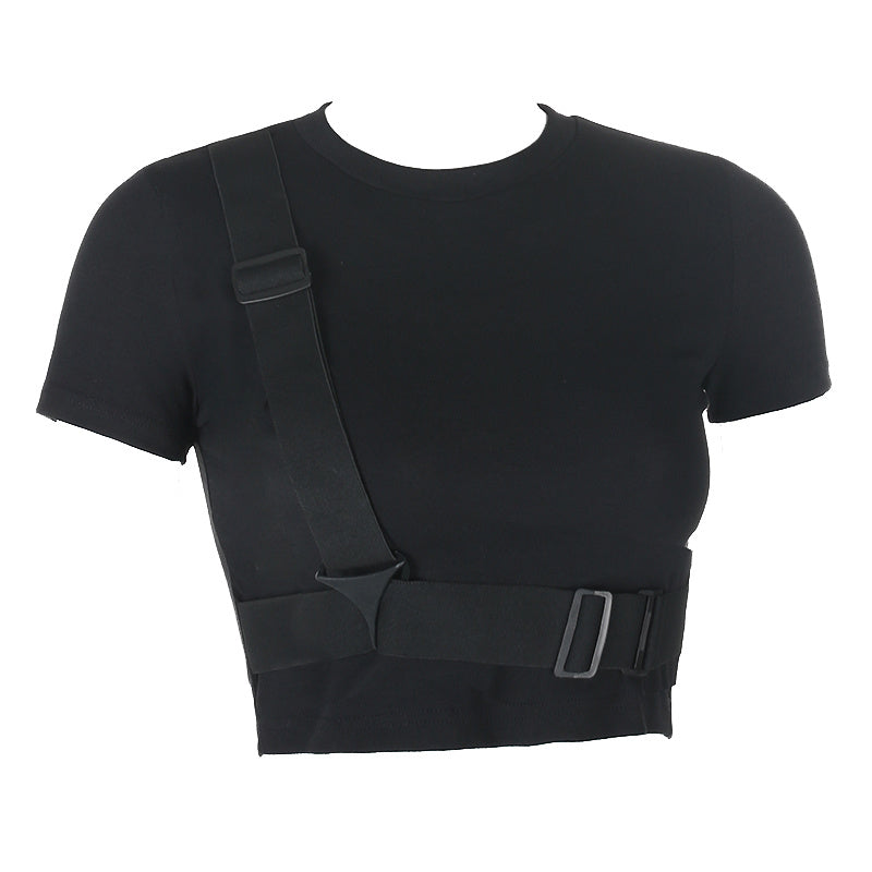 Decorative Triangle Button Short T-shirt Top For Women