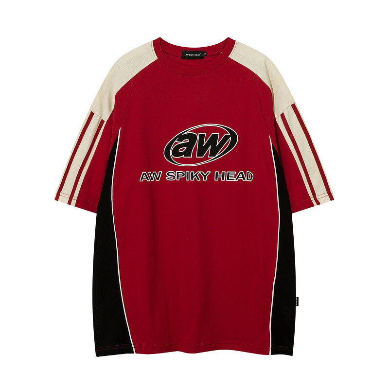 American Street Retro Alphabet Stitching School Style Round Neck T-shirt