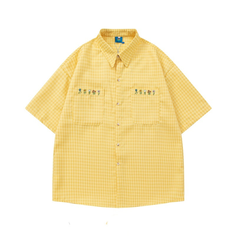 Plaid Embroidered Short-sleeved Loose All-match Couple Shirt