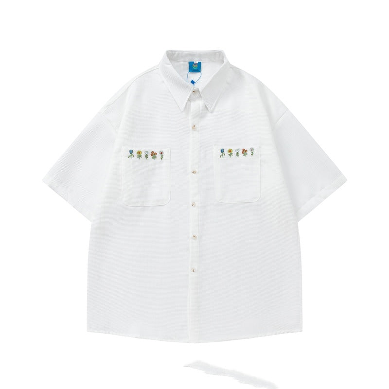 Plaid Embroidered Short-sleeved Loose All-match Couple Shirt