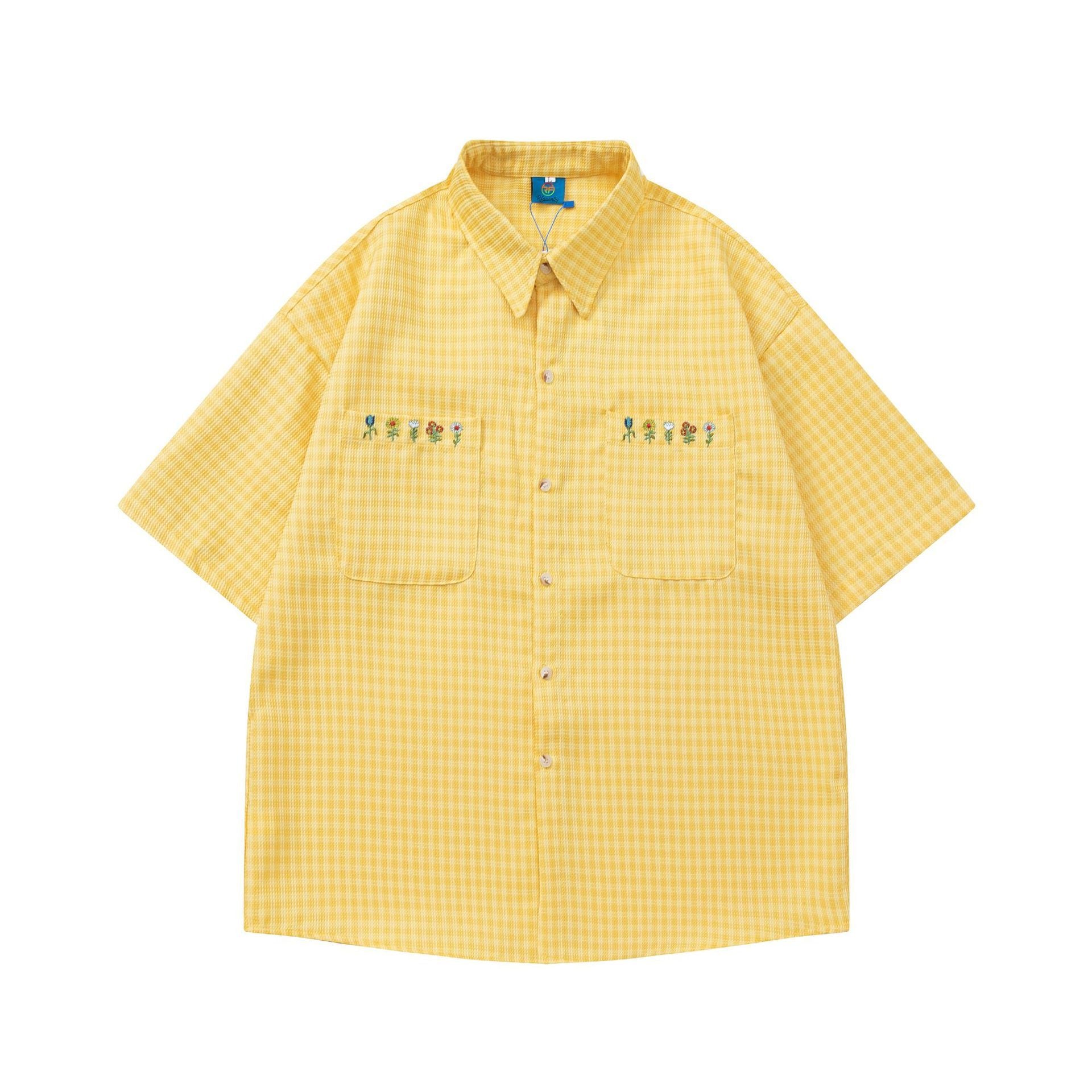 Plaid Embroidered Short-sleeved Loose All-match Couple Shirt