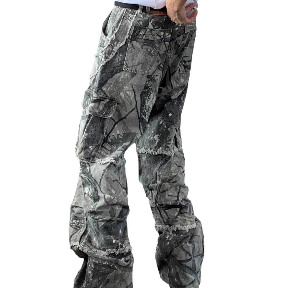 Camouflage Raw Hem Jeans Men And Women Multi-pocket Workwear