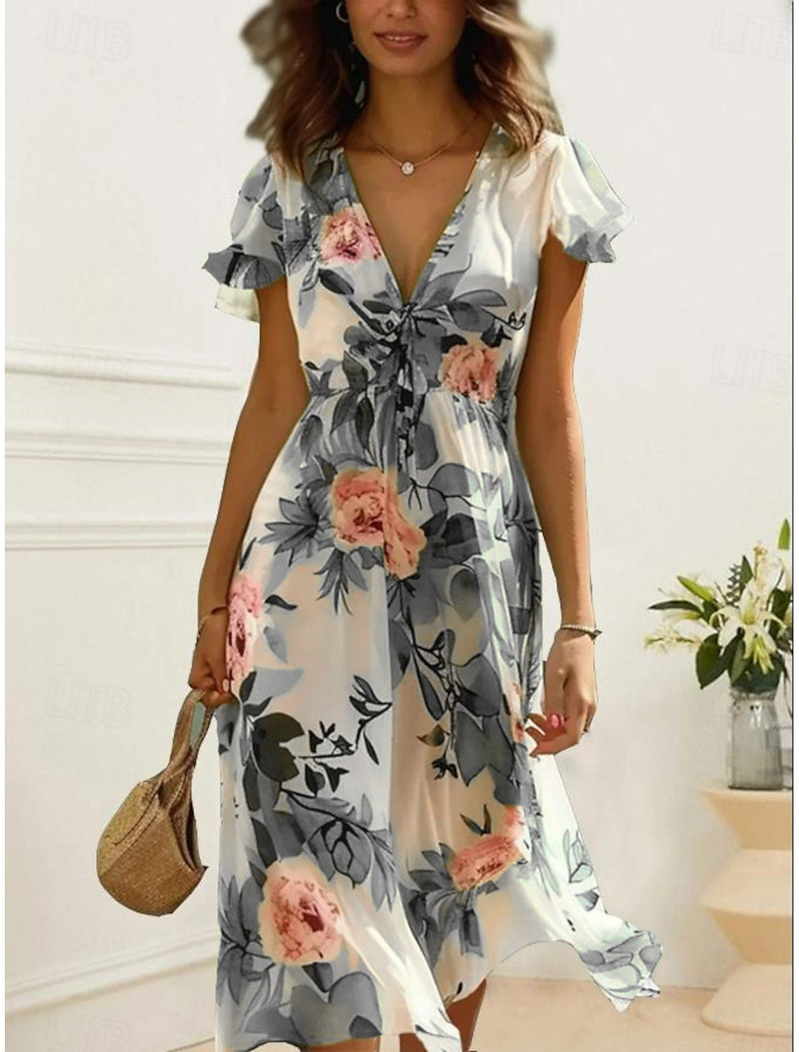 Printed Bohemian Women's V-neck Mid-length Dress Sleeveless Summer