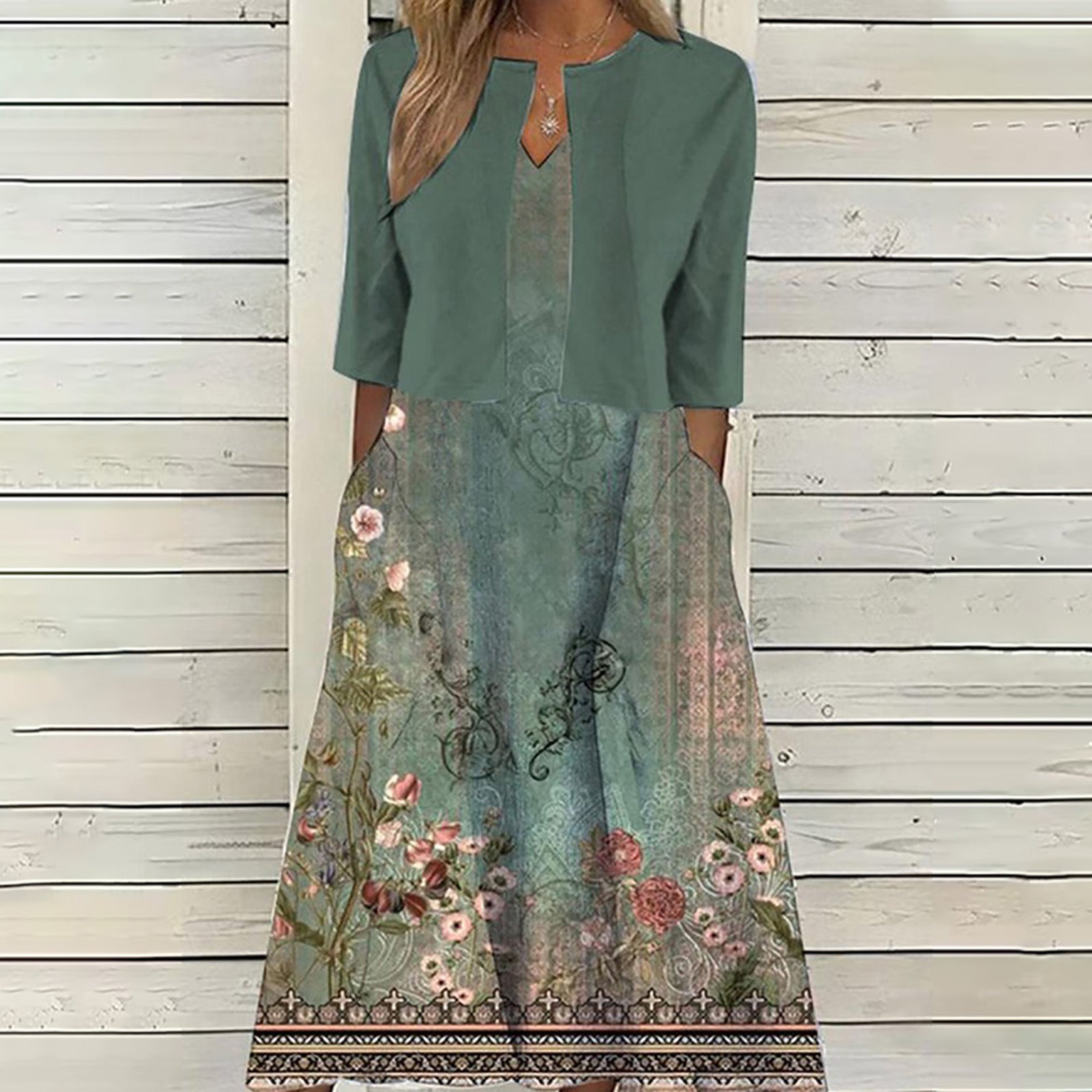 Ethnic Style Elegant Floral Print Vest Dress Cardigan Two-piece Set