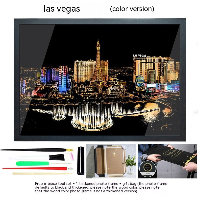 Colourful City Night Scene Hand Scratch Painting