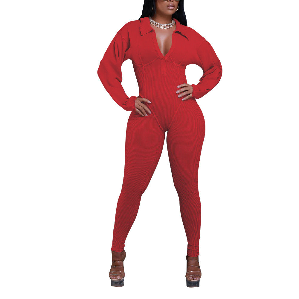 Women's Clothing V-neck Gigot Sleeve Tight Stitching Jumpsuit