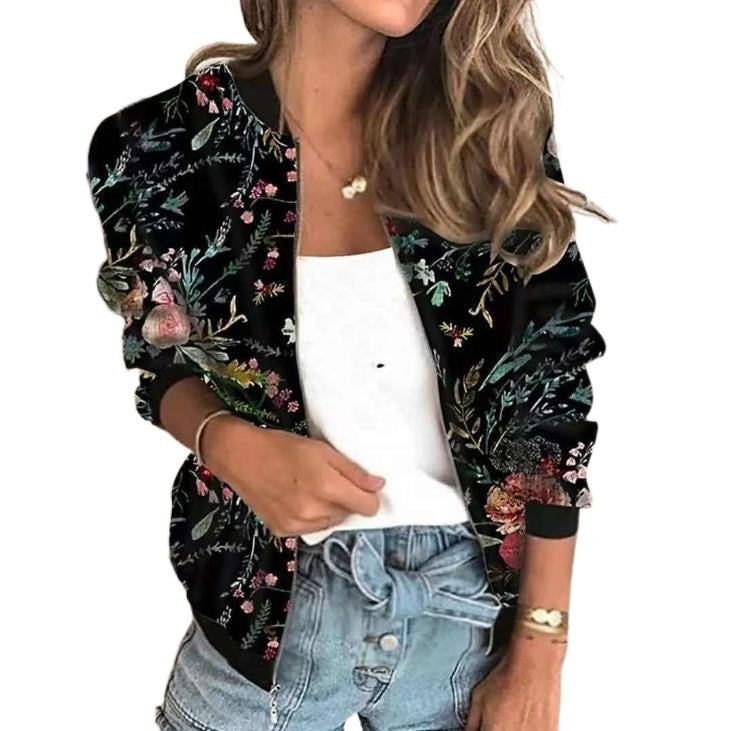 Women's Casual Printed Zipper Short Jacket