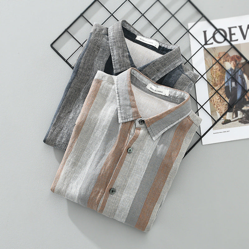 Summer Vintage Yarn-dyed Linen Five-point Sleeve Men's Contrasting Color Stripes Casual Lapel Large Size Cotton Hemp Shirt