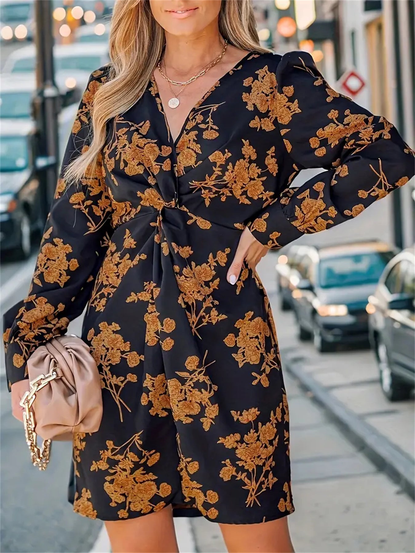 Floral Print Twist V Neck Dress, Elegant Long Sleeve Dress For Spring & Fall, Women's Clothing