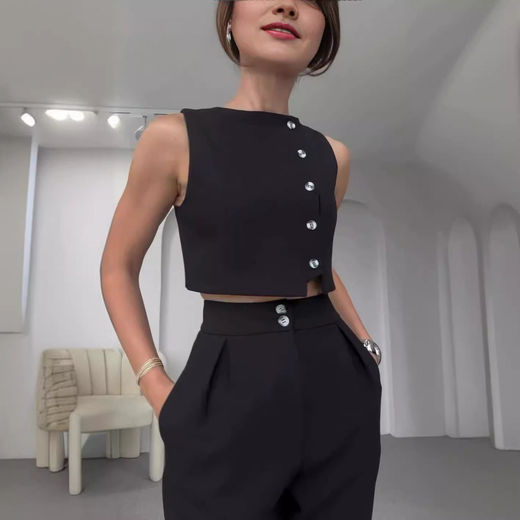 Sleeveless Vest Top High Waist Straight Pants Solid Color Two-piece Set