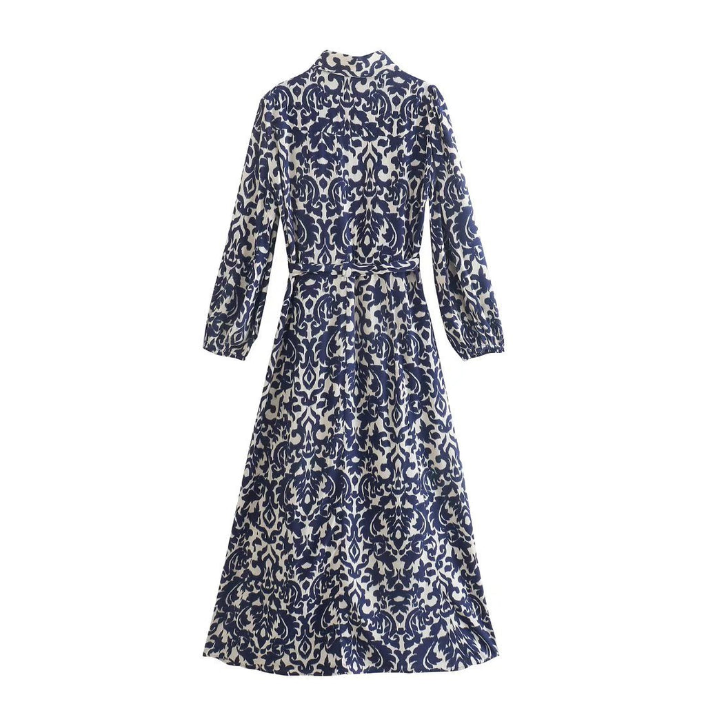 New Women's Stand Collar Printed Long Sleeve Waist-controlled Lace-up Dress