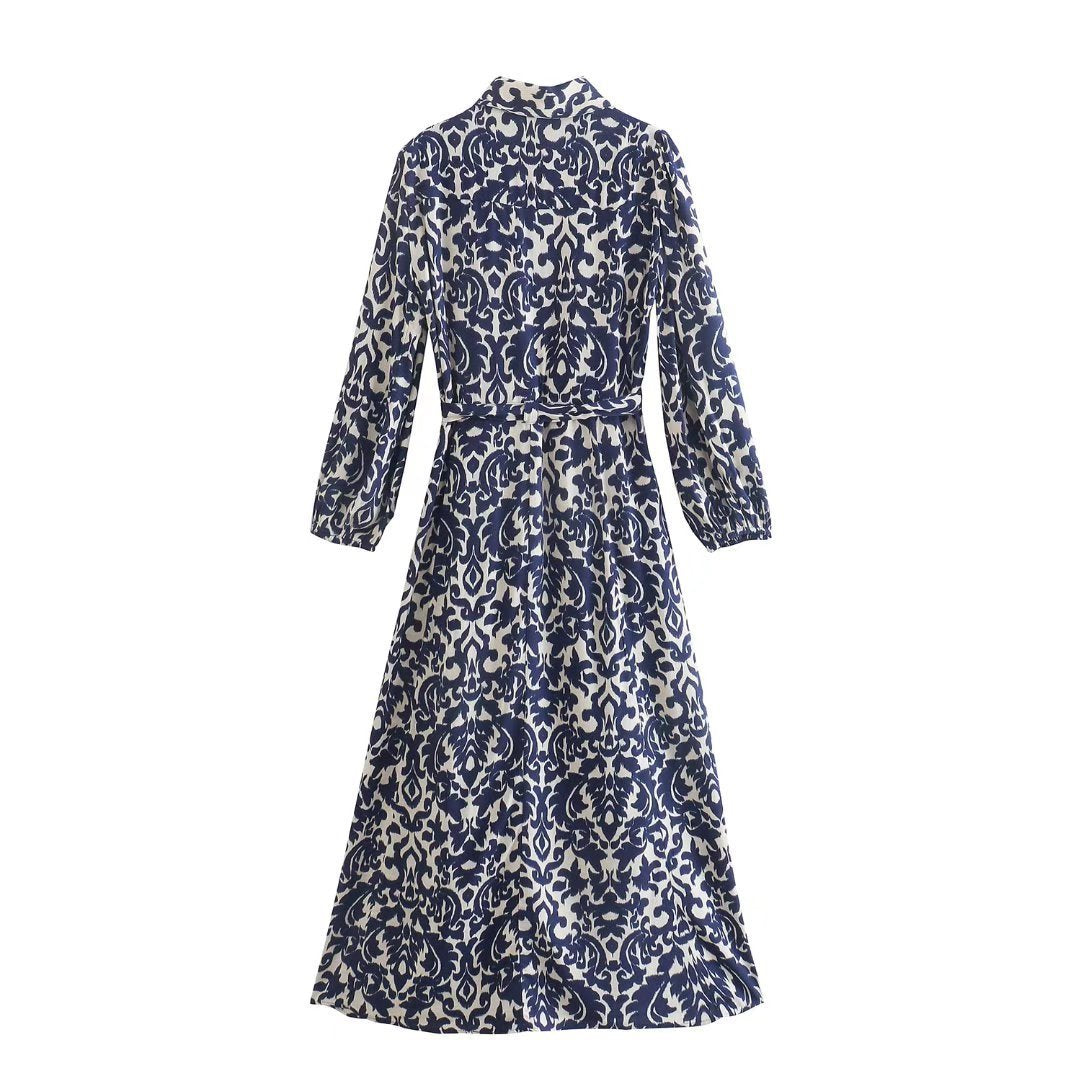 New Women's Stand Collar Printed Long Sleeve Waist-controlled Lace-up Dress