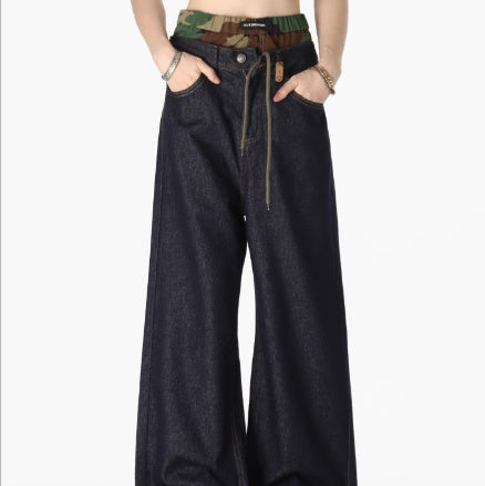 Camouflage Stitching Double Waist Pants Bandage Dress Crack Faded Retro Straight Loose Casual Pants