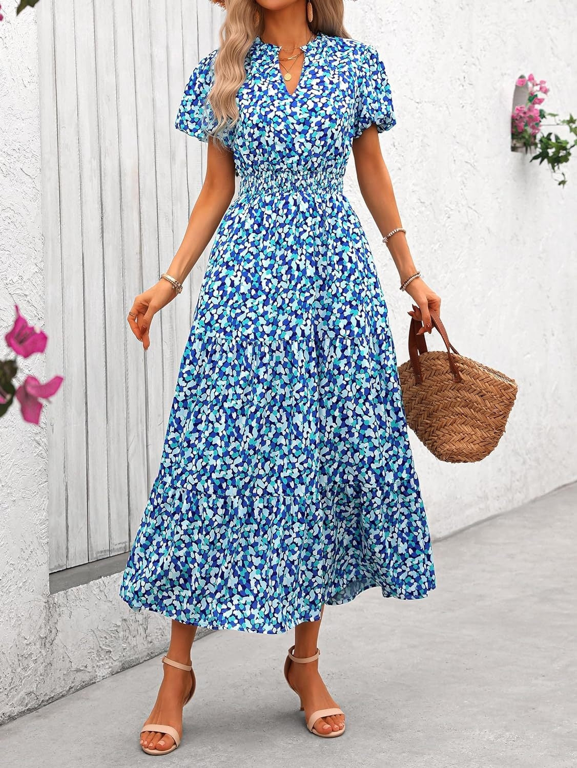 Women's V-neck Bubble Pleated Print Short Sleeve Dress