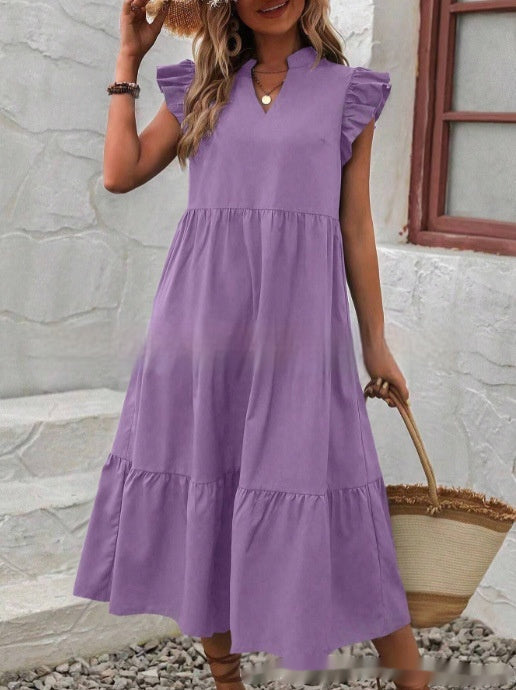 V-neck Ruffle Short Sleeve Solid Color Casual Dress