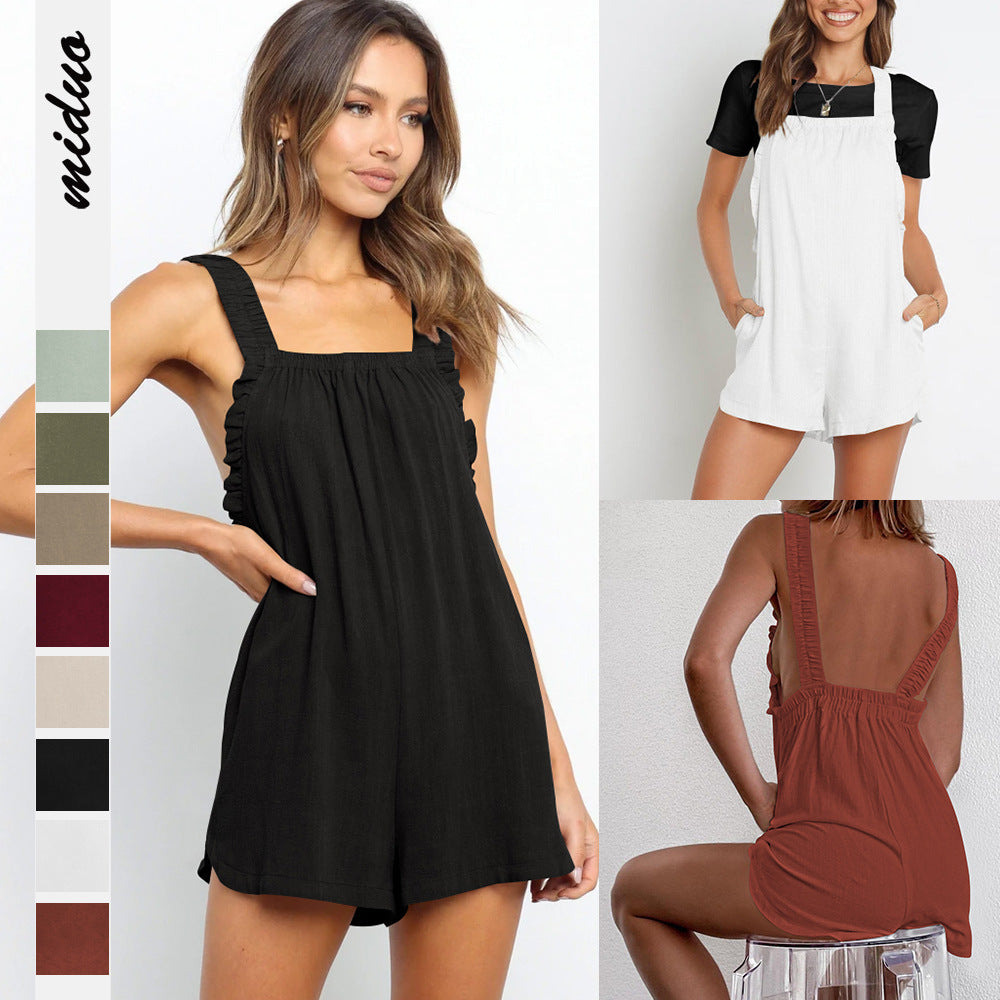 Solid Color Women's Casual Suspender Lace Jumpsuit Backless Sexy Home Wear Breathable Shorts