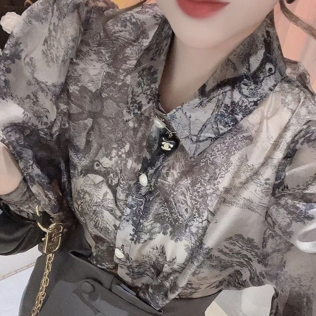 Chinese Style Ink Painting Printed Shirt For Women