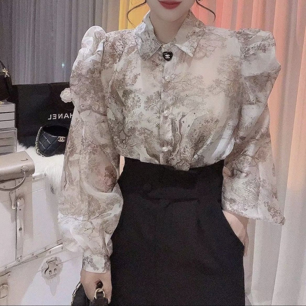 Chinese Style Ink Painting Printed Shirt For Women