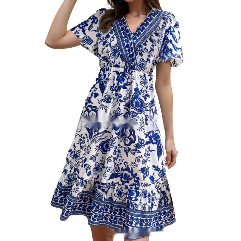 Bohemian Dress Leisure Holiday Floral Print Short-sleeved Midiskirt