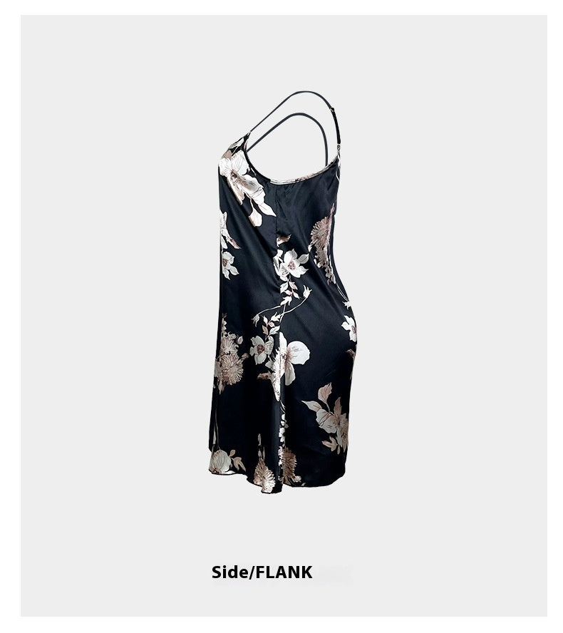 Sexy French Style Ice Silk Pajamas Big Flower Sweet Sexy Slip Nightdress