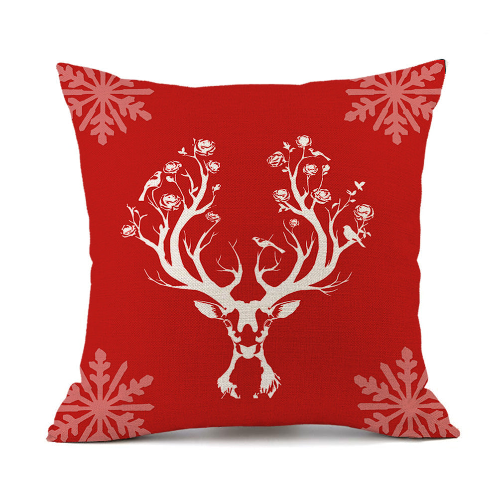 Christmas Elk Santa Claus Red Festive Printed Linen Cushion