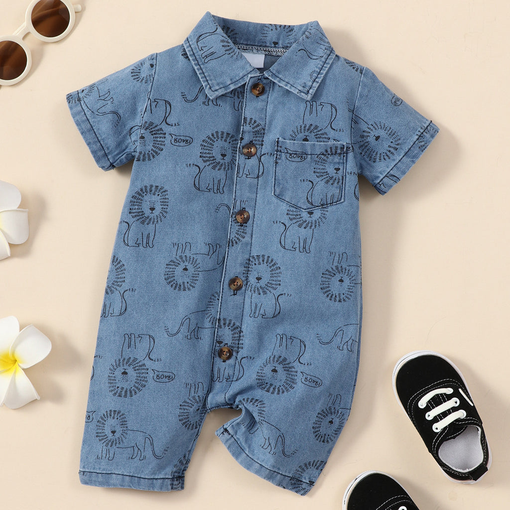 Boy Lion Printing Denim Jumpsuit