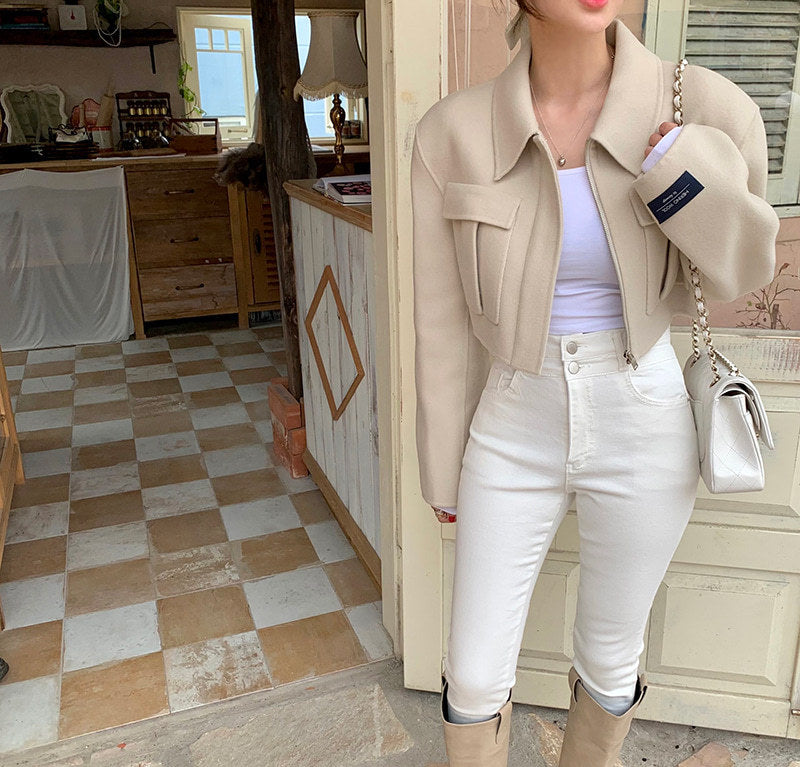 French Style Design Flap Pocket Zipper Short Woolen Coat