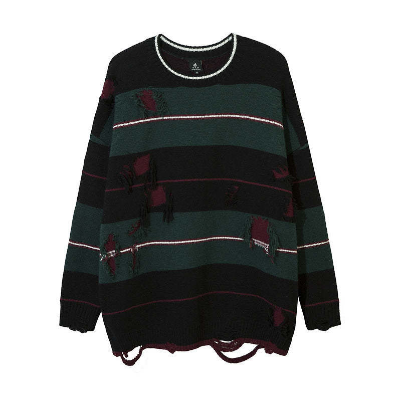 American High Street Dark Ripped Knitted Striped Sweater