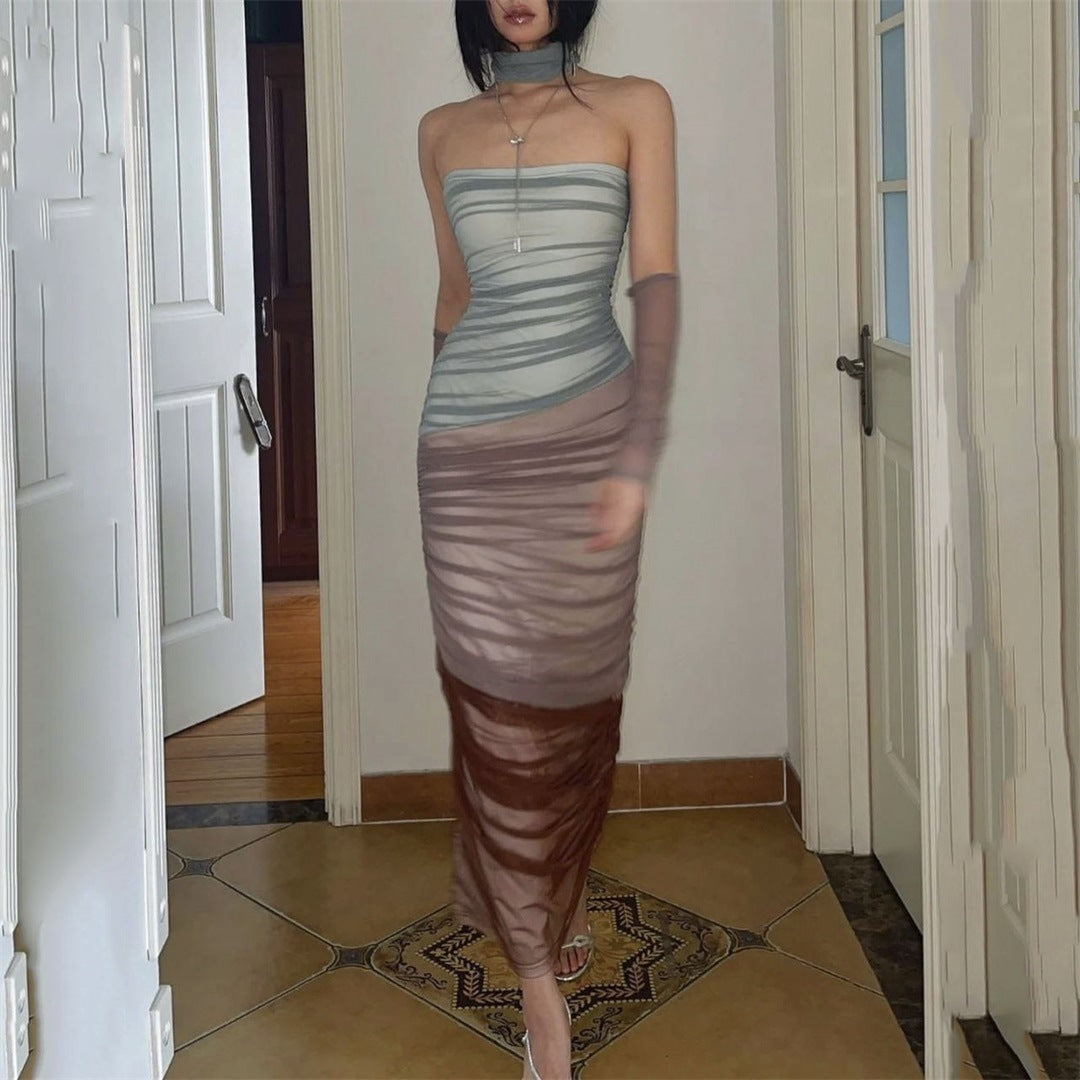 French Contrast Color Mesh Stitching Dress