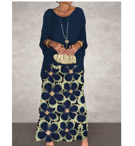 Women's Chiffon Mesh Batwing Sleeve Round-neck Long Dress