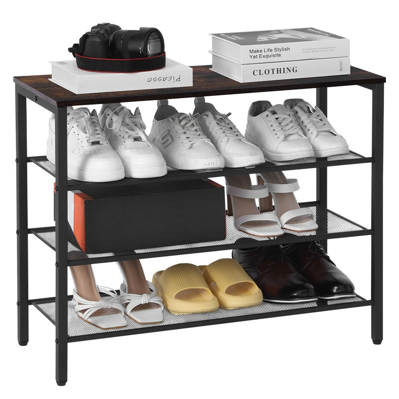 3-tier Shoe Rack With Grid Rack Wooden Rustic Foyer Shoe Rack With Coat Hook, Suitable For The Steel Frame Of The Living Room Mud Room At The Front Door Of The Corridor