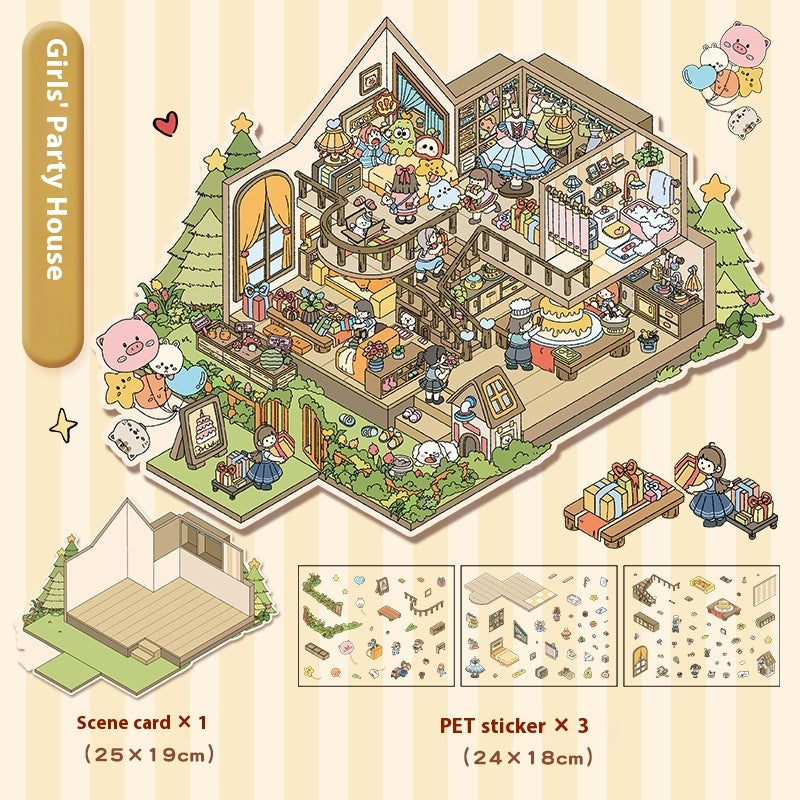 Cute Extra Large Size Miniature Scene Landscape Stickers Cartoon National Style Panda Villa Stacking 3D 3D Stickers