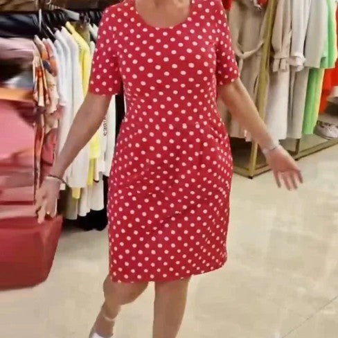 Women's Polka Dot Print Short Sleeve Stitching Round Neck Dress