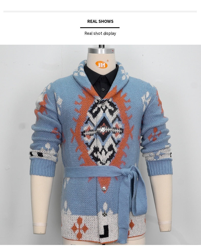 American Retro Heavy Industry Jacquard Sweater Mid-length Thickened Sweater Coat