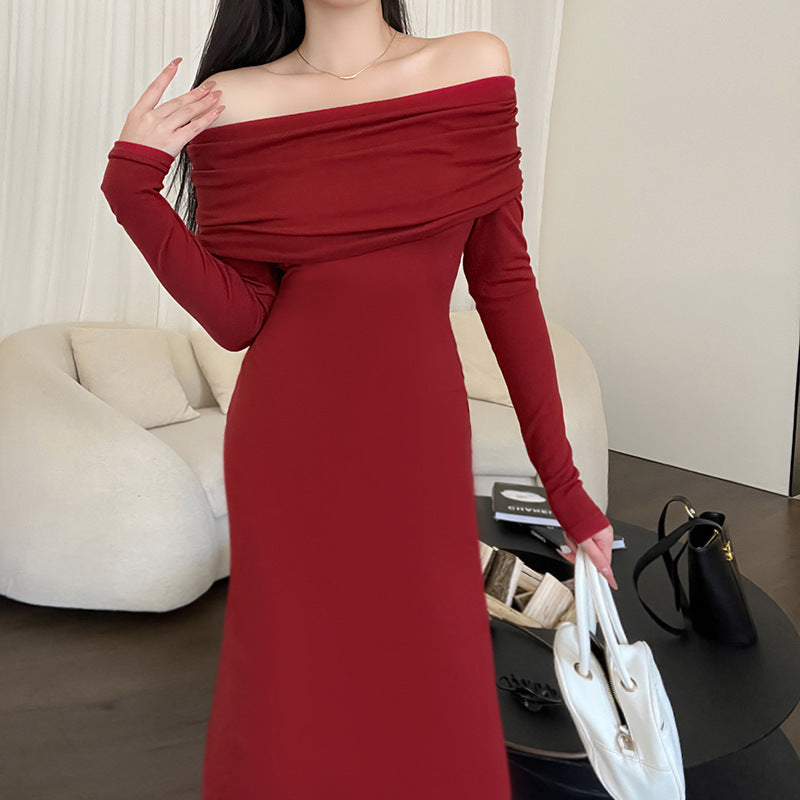 Knitted Off-shoulder Long Sleeve Fishtail Dress Ins Spring French Retro