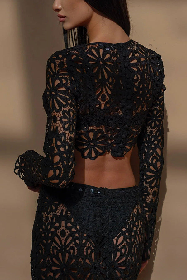 European And American Ladies Slim Fit Hollow-out Lace Tops Skirt Two-piece Suit