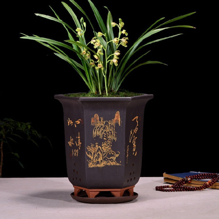 Fine Zisha Flowerpot Hand-carved Hexagonal