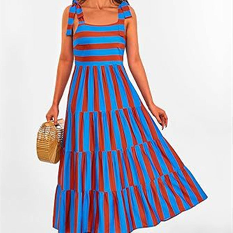 Spaghetti Strap Sleeveless Printed Pocket Side Zipper Layered Dress