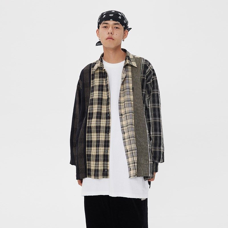 American Retro Stitching Plaid Casual Shirt For Men