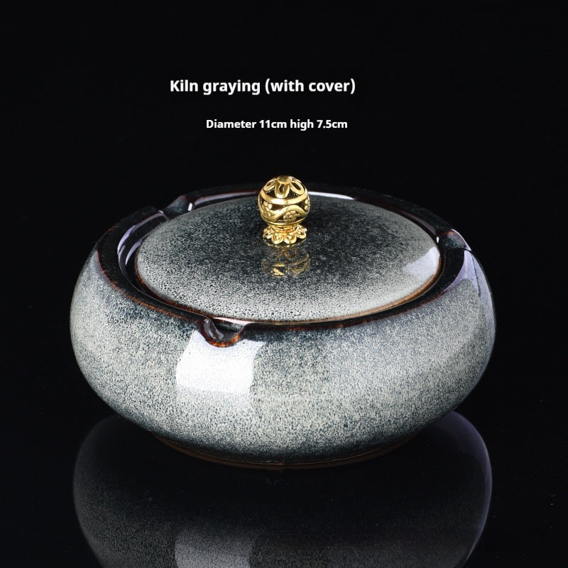 Ge Kiln Ceramics Ashtray Simple Windproof Anti-fly With Cover