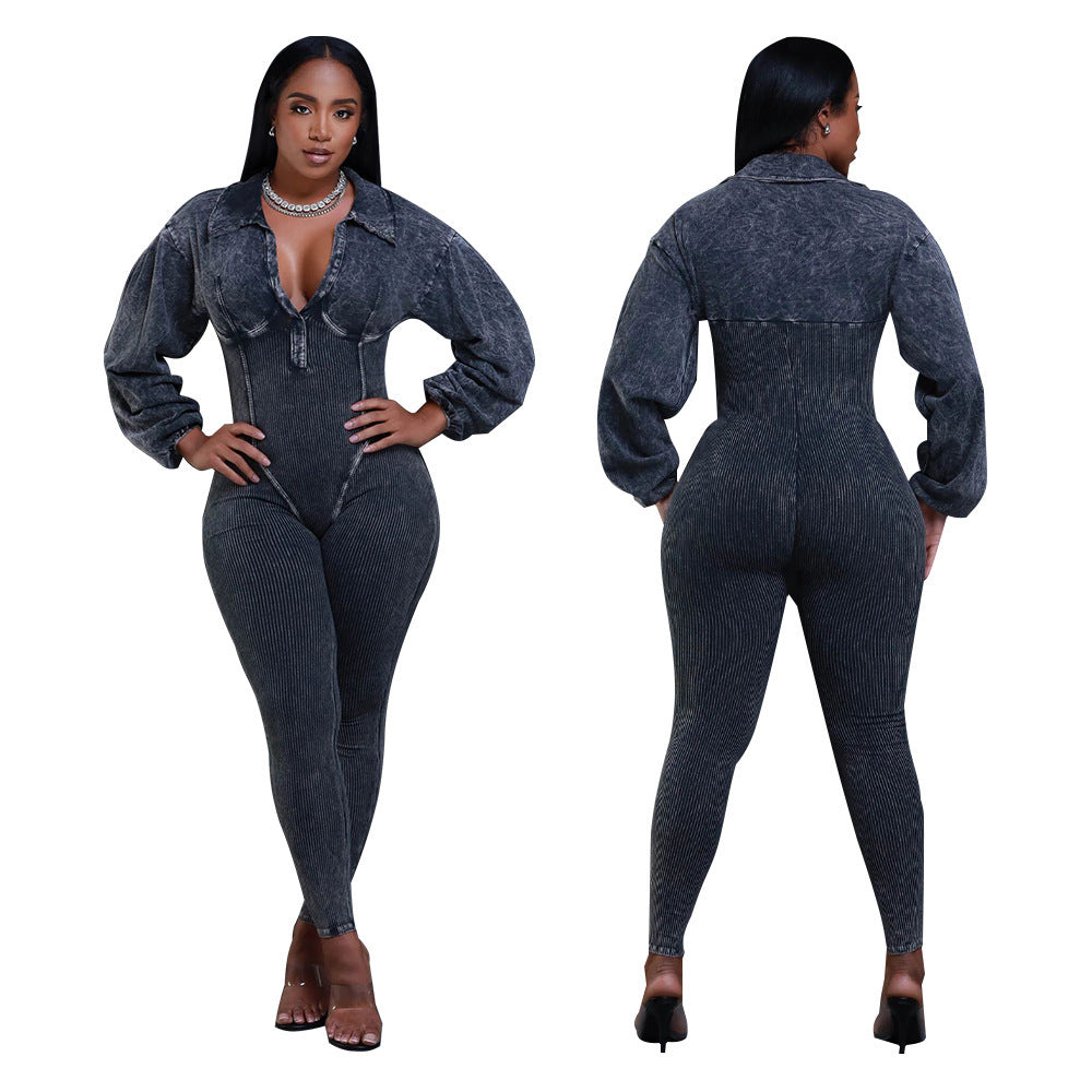 Women's Clothing V-neck Gigot Sleeve Tight Stitching Jumpsuit