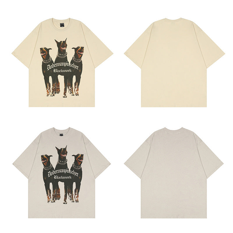 Street Ins Style Hound Print High Street Retro Washed Distressed Loose Hip Hop Short Sleeves