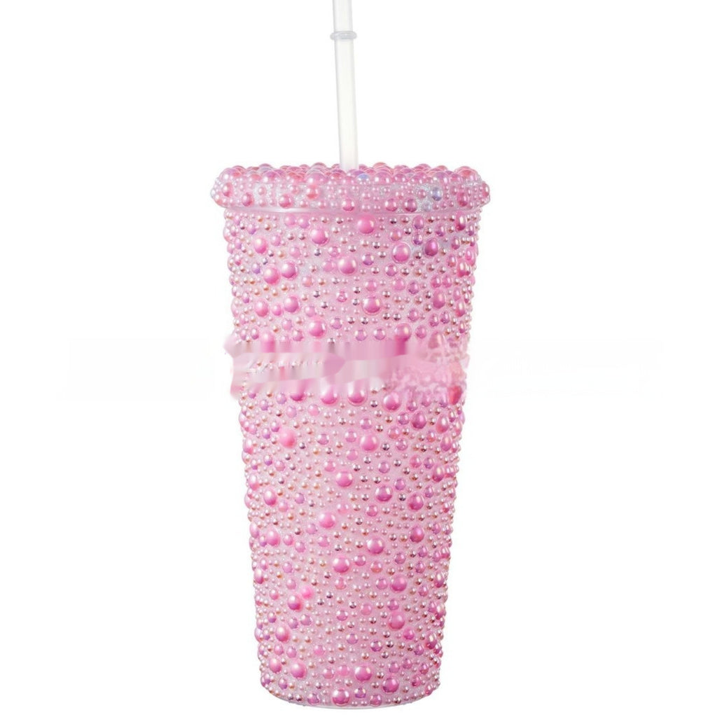 Stick-on Crystals Double-layer Large Capacity Cup With Straw