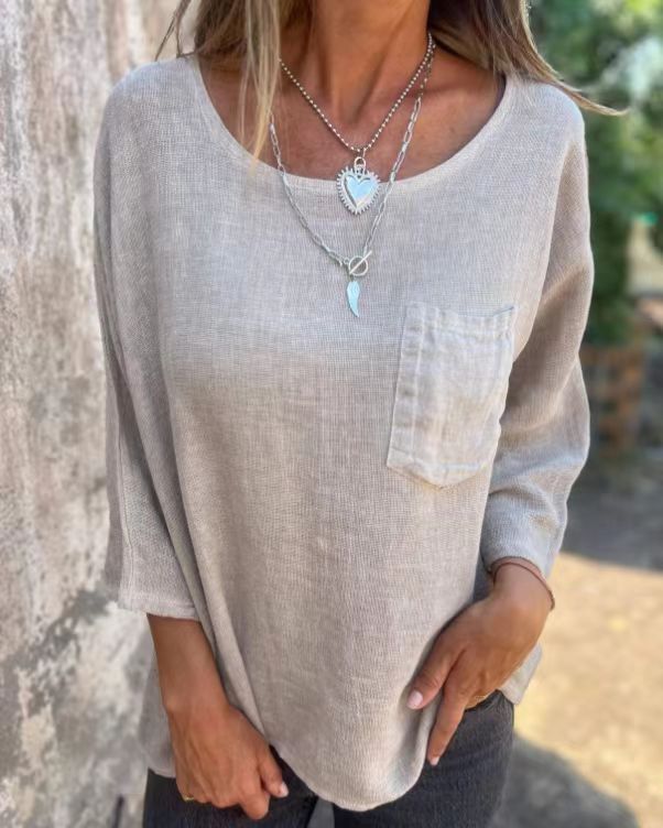 Round Neck Pullover Bat Three-quarter-length-sleeved T-shirt Pocket Color Matching