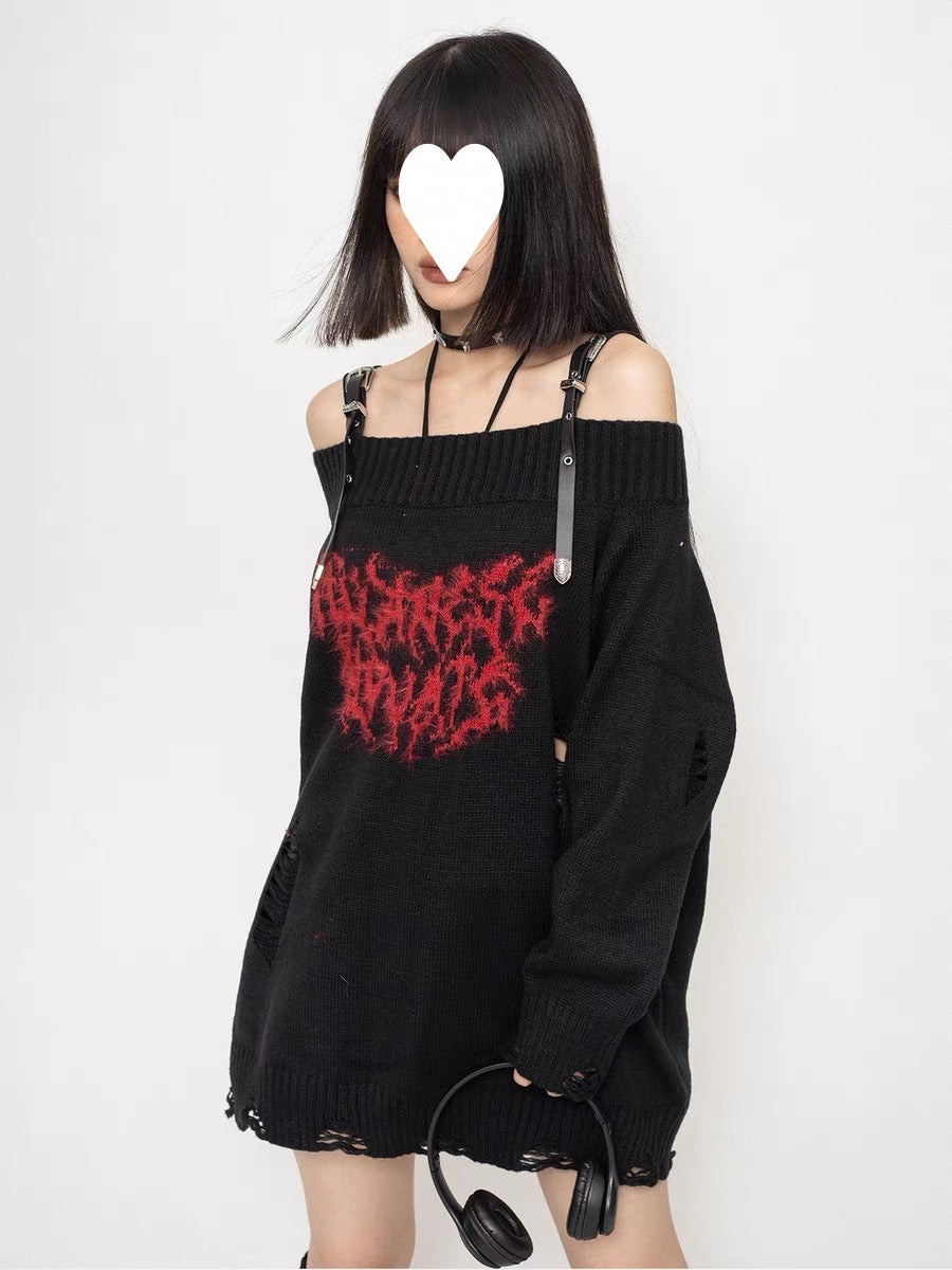 Women's Water Washing Craft Ripped Off-shoulder Sweater