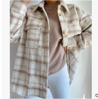 Fashion Ladies Plaid Loose Shirt Woolen Jacket